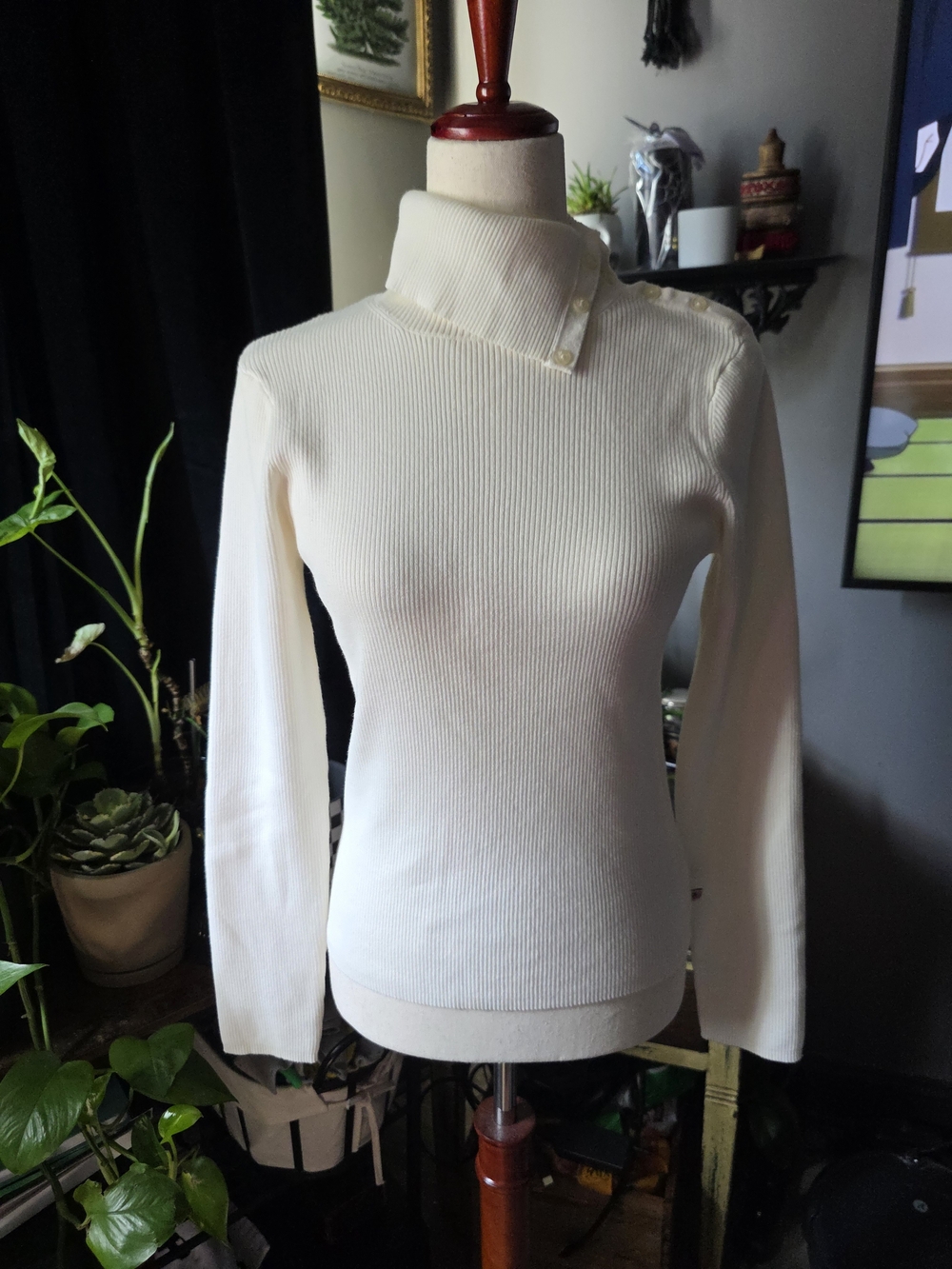 Ralph Lauren Women's Rib-Knit Cream Button-Neck Sweater